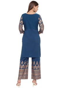 Thumbnail for Janasya Teal Poly Crepe Printed Set