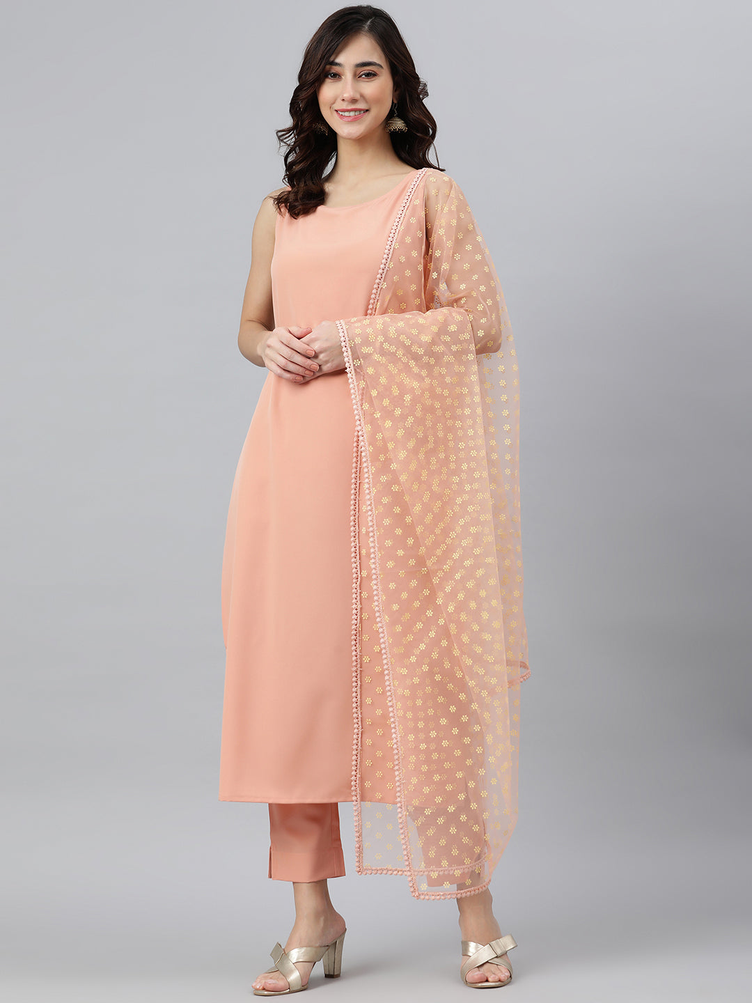 Janasya Peach Poly Crepe Solid Set