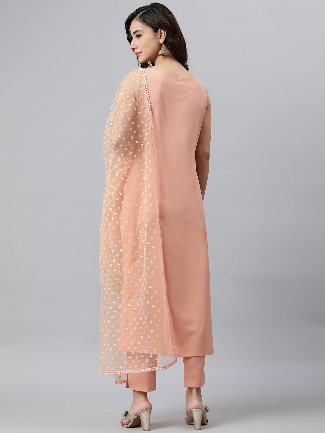 Janasya Peach Poly Crepe Solid Set