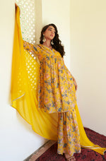 Thumbnail for Janasya Yellow Georgette Digital Floral Printed Set - Distacart