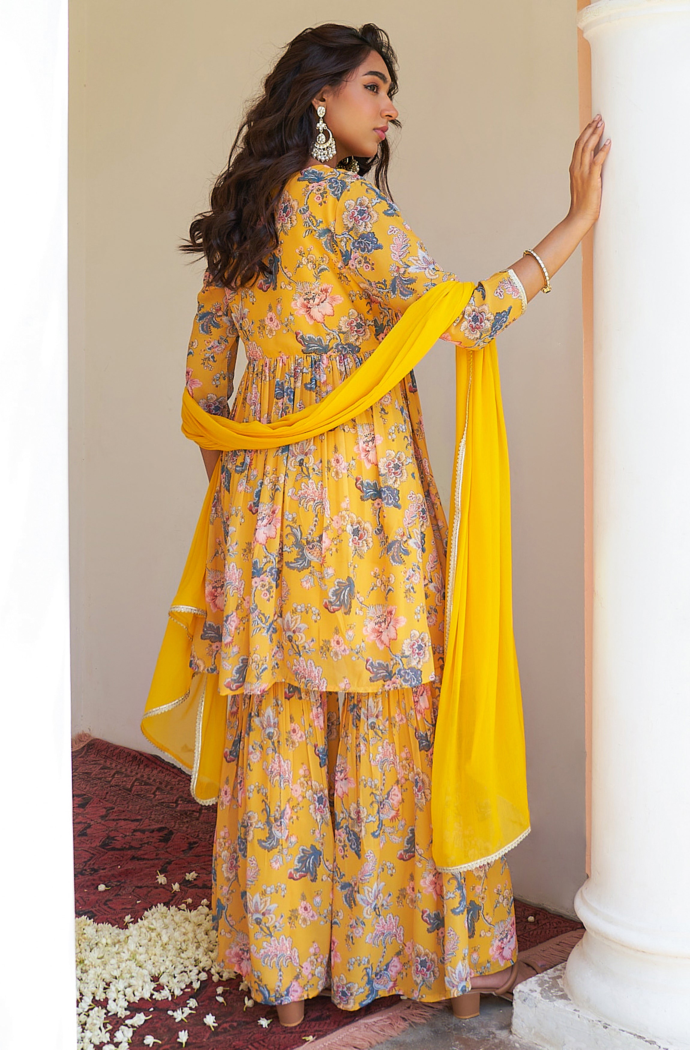 Janasya Yellow Georgette Digital Floral Printed Set - Distacart
