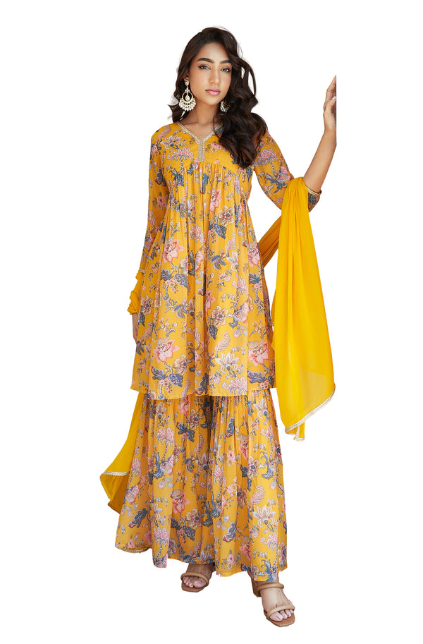 Janasya Yellow Georgette Digital Floral Printed Set - Distacart