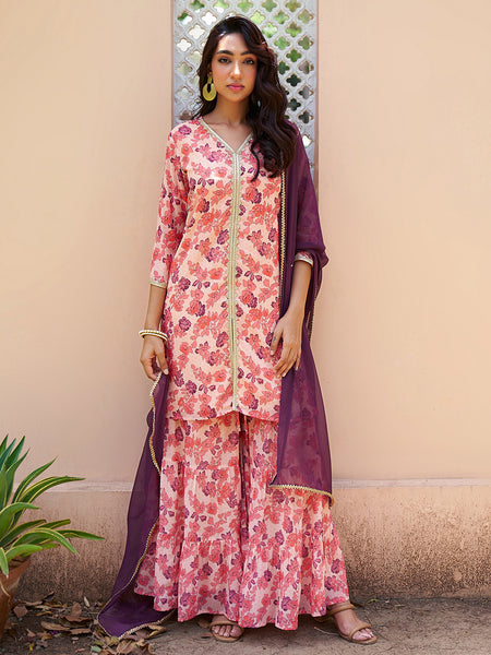 Janasya Peach Georgette Digital Floral Printed Set - Distacart