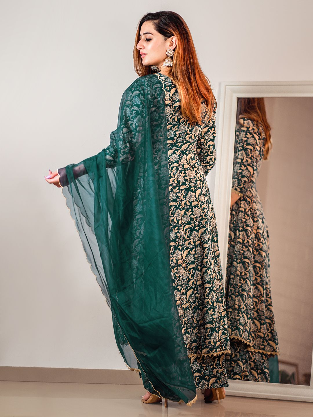 Janasya Teal Cotton Foil Floral Printed Set