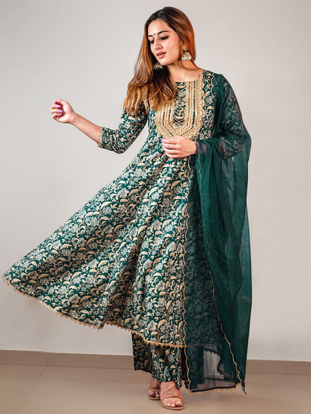 Janasya Teal Cotton Foil Floral Printed Set