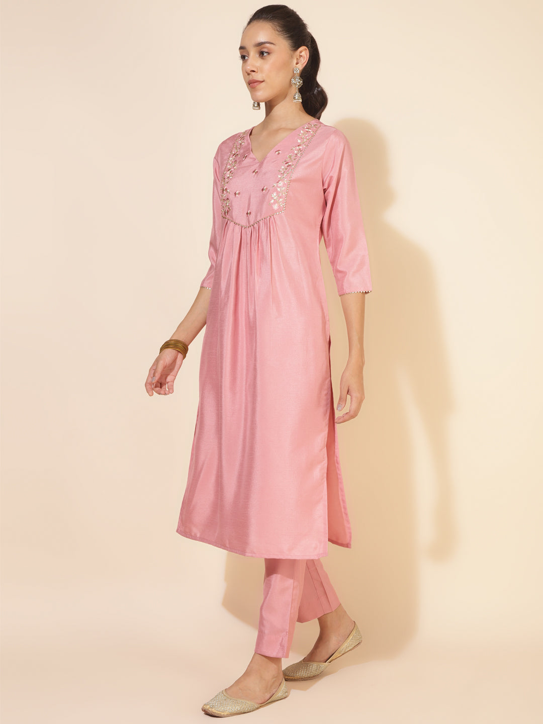 Janasya Pink Crepe Silk Yoke Embroidery Set