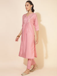 Thumbnail for Janasya Pink Crepe Silk Yoke Embroidery Set