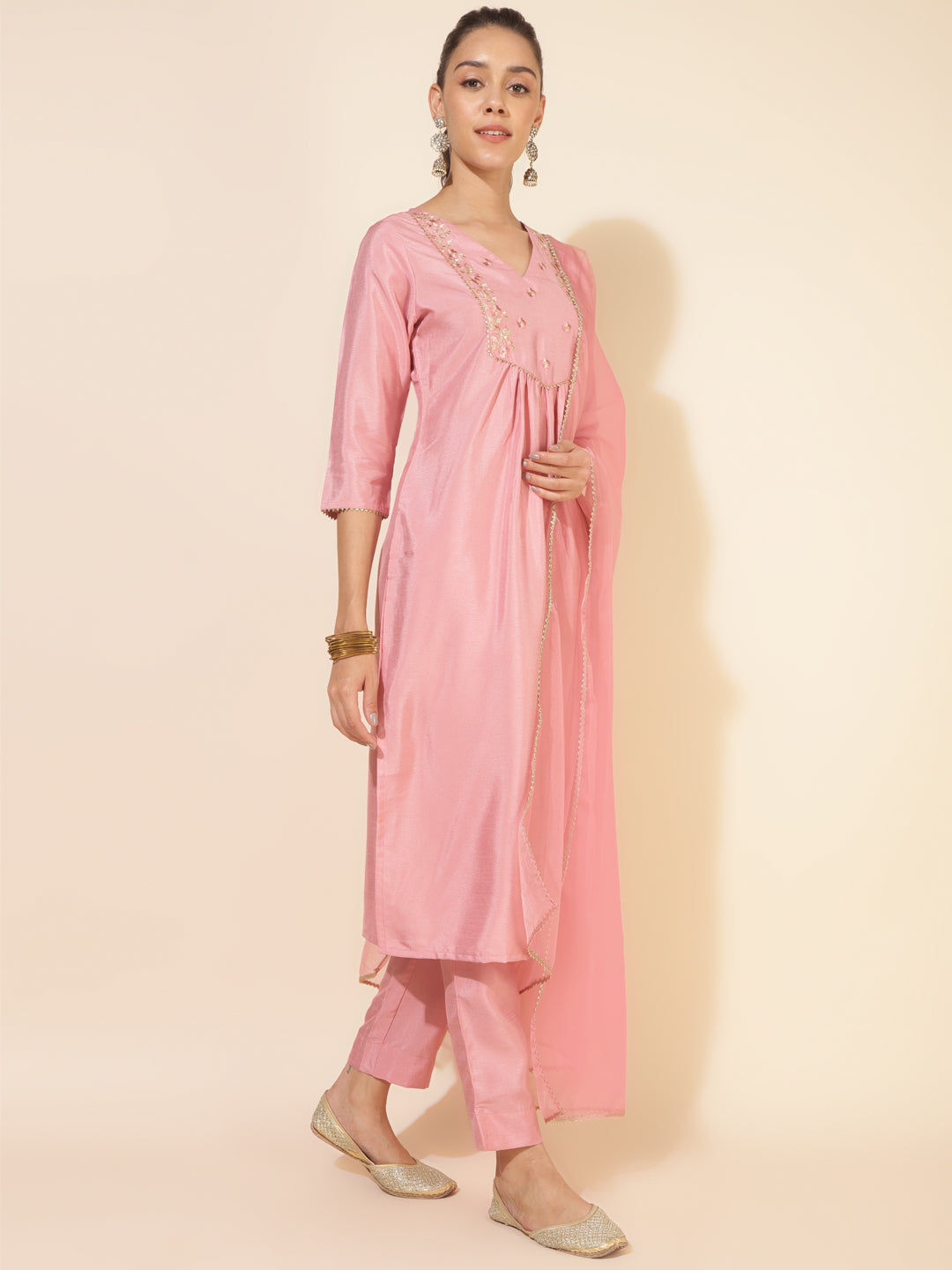 Janasya Pink Crepe Silk Yoke Embroidery Set