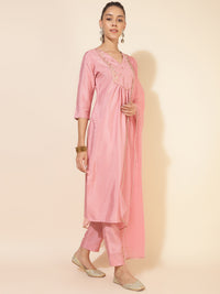 Thumbnail for Janasya Pink Crepe Silk Yoke Embroidery Set