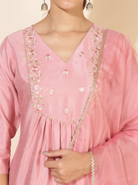 Thumbnail for Janasya Pink Crepe Silk Yoke Embroidery Set