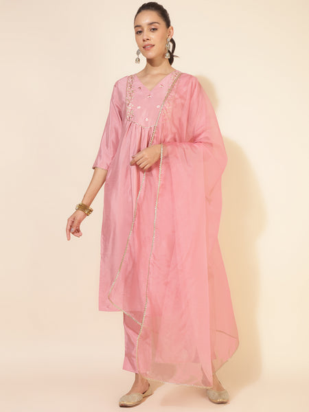 Janasya Pink Crepe Silk Yoke Embroidery Set