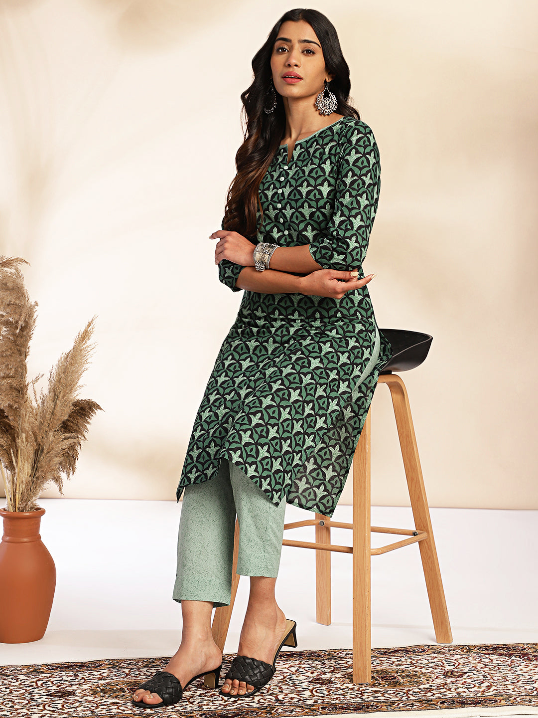 Janasya Green Cotton Printed Sets