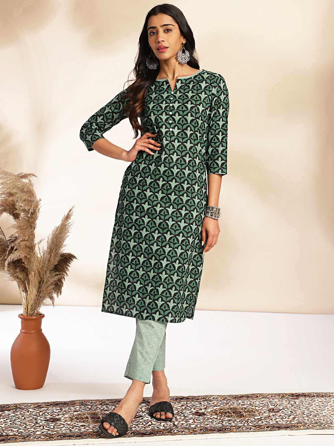 Janasya Green Cotton Printed Sets