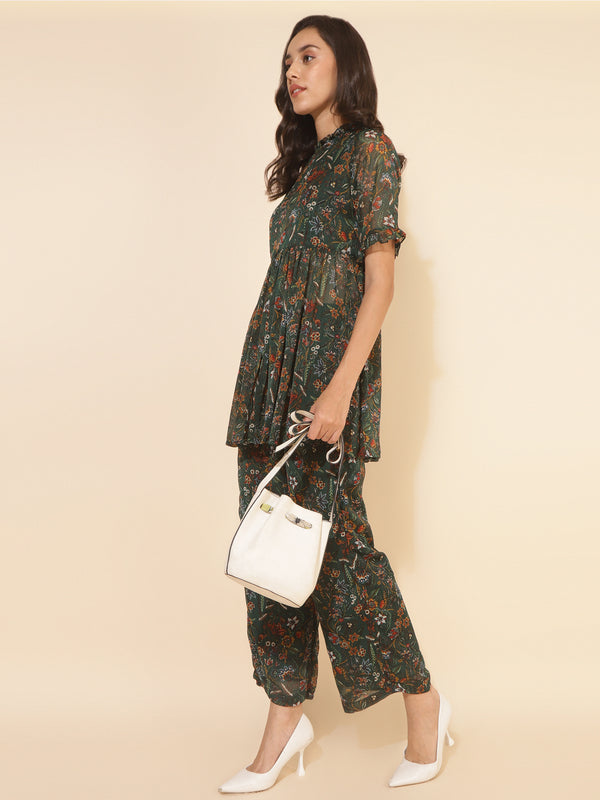 Janasya Green Chiffon Lurex Floral Printed Co-ords - Distacart