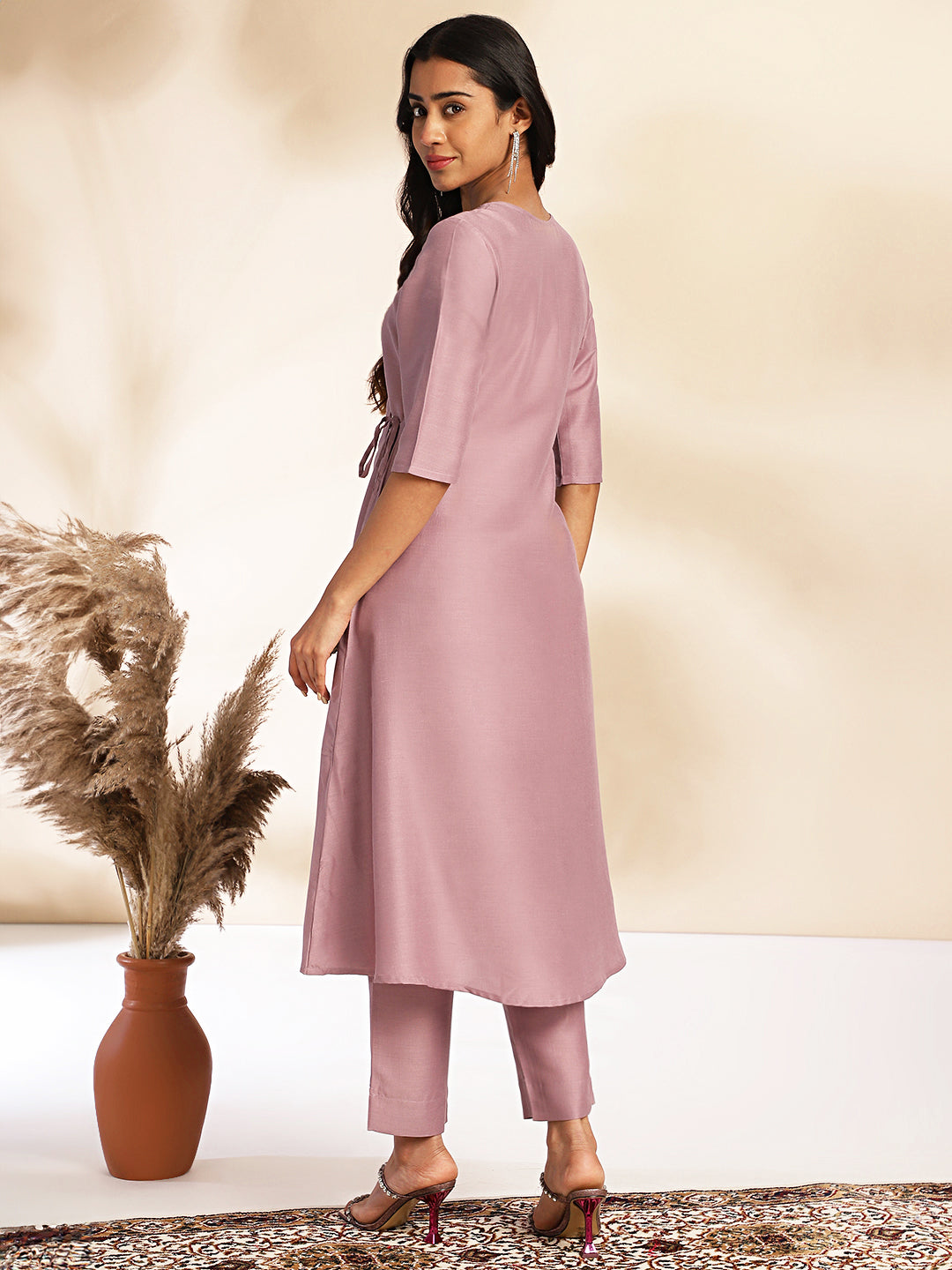 Janasya Lavender Chinnon Solid Wrap Kurta Set