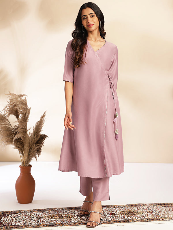 Janasya Lavender Chinnon Solid Wrap Kurta Set