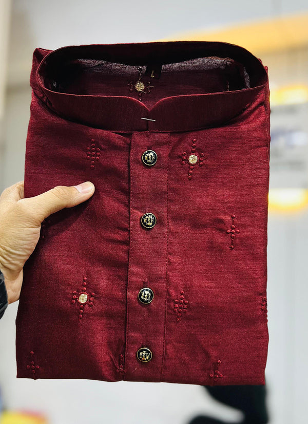 Prazu Fashion Maroon Silk Embroidered Kurta With Pajama