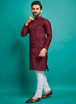 Thumbnail for Prazu Fashion Maroon Silk Embroidered Kurta With Pajama