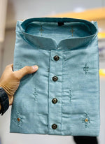 Thumbnail for Prazu Fashion Sky Blue Silk Embroidered Kurta With Pajama