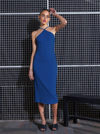 Thumbnail for Lyush Women Royal Blue Rib Halter Neck Bodycon Midi Dress