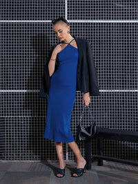 Thumbnail for Lyush Women Royal Blue Rib Halter Neck Bodycon Midi Dress