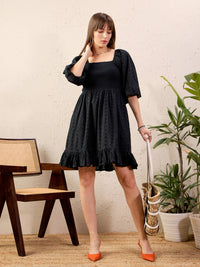 Thumbnail for Lyush Women Black Schiffli Smoked Short Dress
