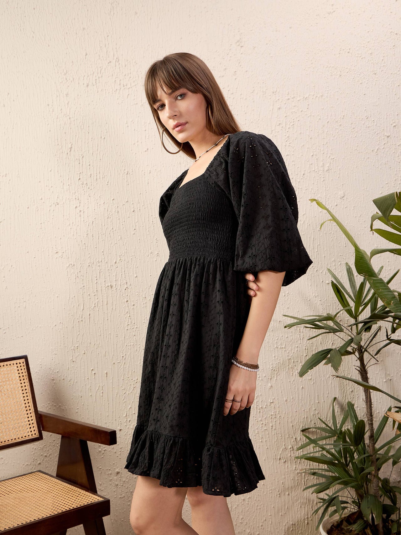 Lyush Women Black Schiffli Smoked Short Dress