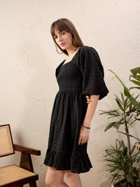 Thumbnail for Lyush Women Black Schiffli Smoked Short Dress