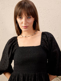Thumbnail for Lyush Women Black Schiffli Smoked Short Dress