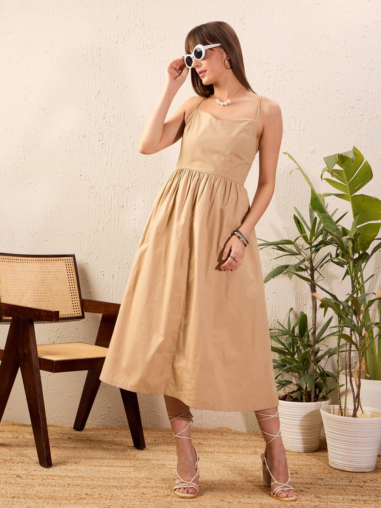 Lyush Women Beige Strappy Back Tie Midi Dress