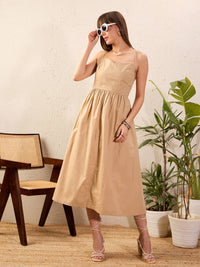 Thumbnail for Lyush Women Beige Strappy Back Tie Midi Dress