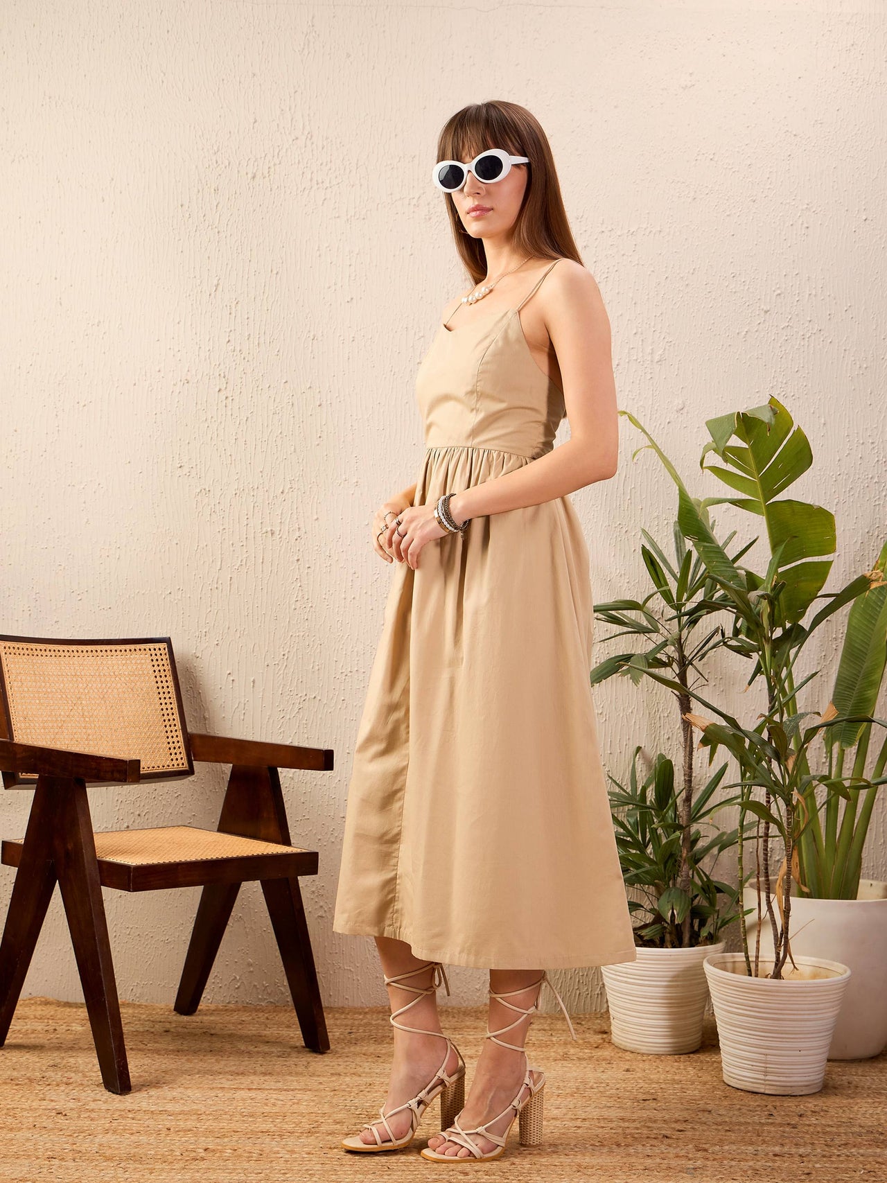 Lyush Women Beige Strappy Back Tie Midi Dress