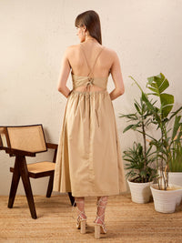 Thumbnail for Lyush Women Beige Strappy Back Tie Midi Dress