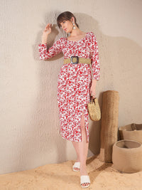 Thumbnail for Lyush Women Red Floral Sweetheart Neck Midi Dress