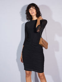 Thumbnail for Lyush Women Black Mesh Ruched Midi Dress