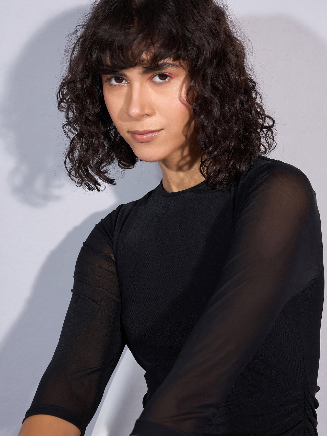 Lyush Women Black Mesh Ruched Midi Dress