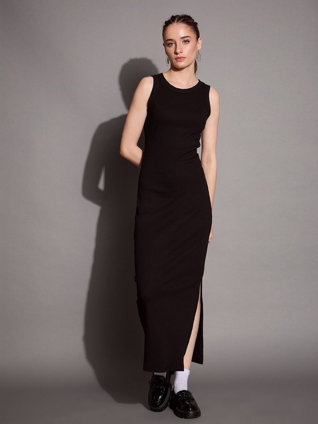 Lyush Women Black Ribbed Sleeveless Bodycon Maxi Dress