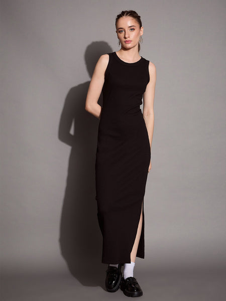 Lyush Women Black Ribbed Sleeveless Bodycon Maxi Dress