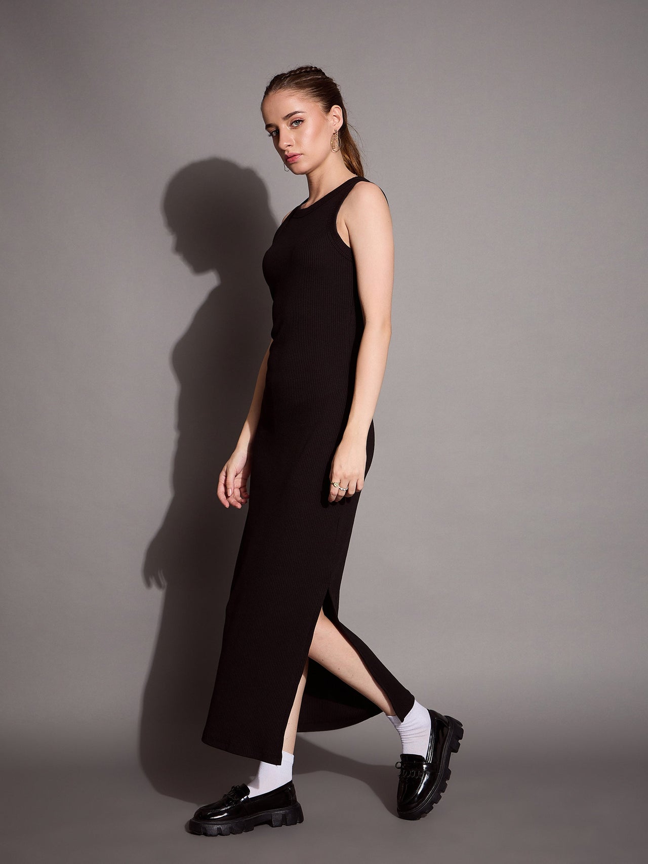 Lyush Women Black Ribbed Sleeveless Bodycon Maxi Dress