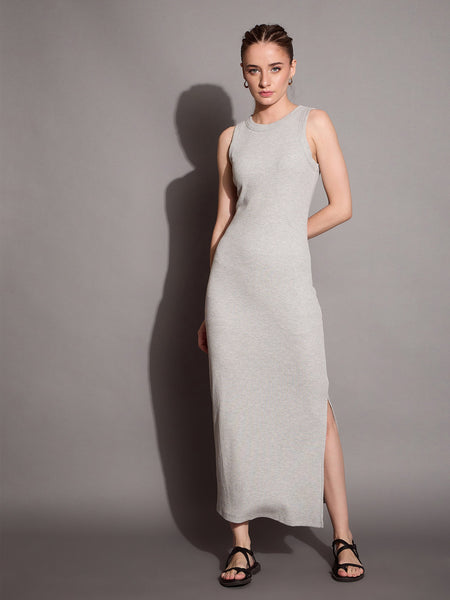 Lyush Women Grey Melange Ribbed Sleeveless Bodycon Maxi Dress