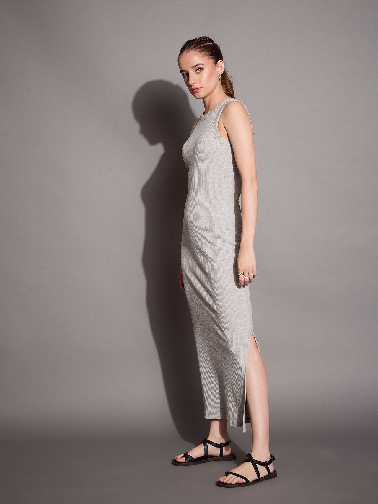 Lyush Women Grey Melange Ribbed Sleeveless Bodycon Maxi Dress