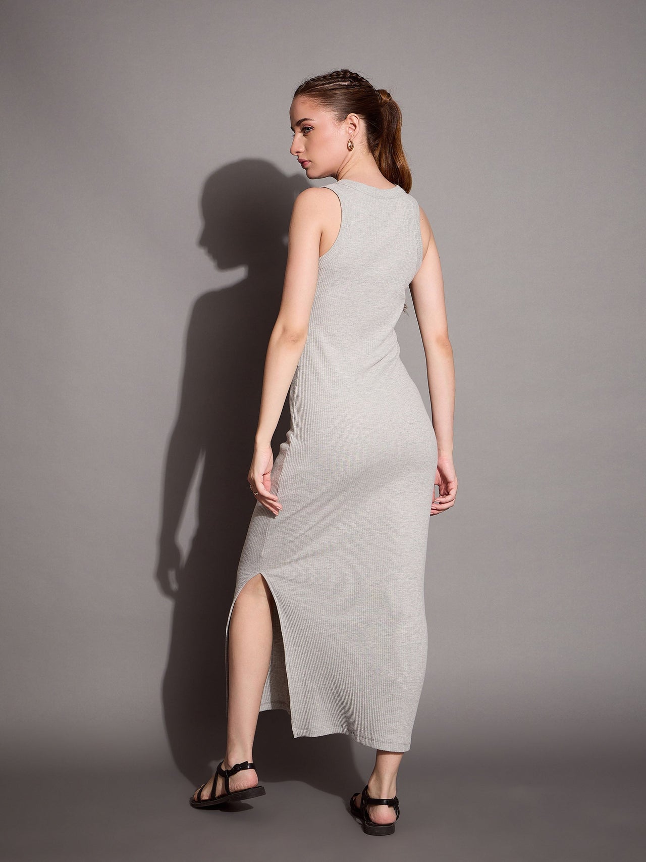 Lyush Women Grey Melange Ribbed Sleeveless Bodycon Maxi Dress