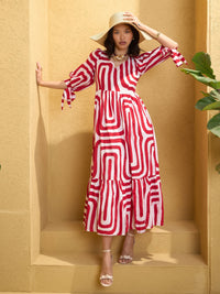 Thumbnail for Lyush Women Red & White Back Cut-out Knot Maxi Dress
