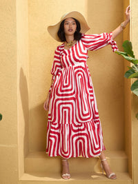 Thumbnail for Lyush Women Red & White Back Cut-out Knot Maxi Dress
