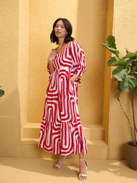 Thumbnail for Lyush Women Red & White Back Cut-out Knot Maxi Dress