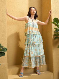 Thumbnail for Lyush Women Turquoise Blue Frill Strappy Tie-up Tiered Maxi Dress