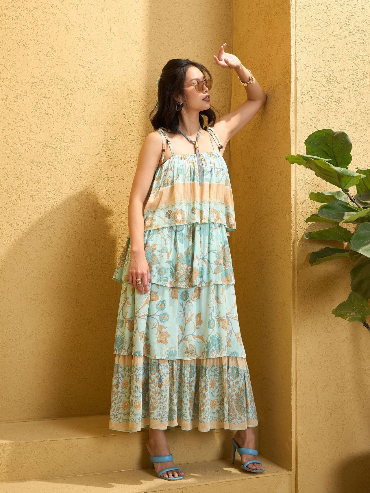 Lyush Women Turquoise Blue Frill Strappy Tie-up Tiered Maxi Dress