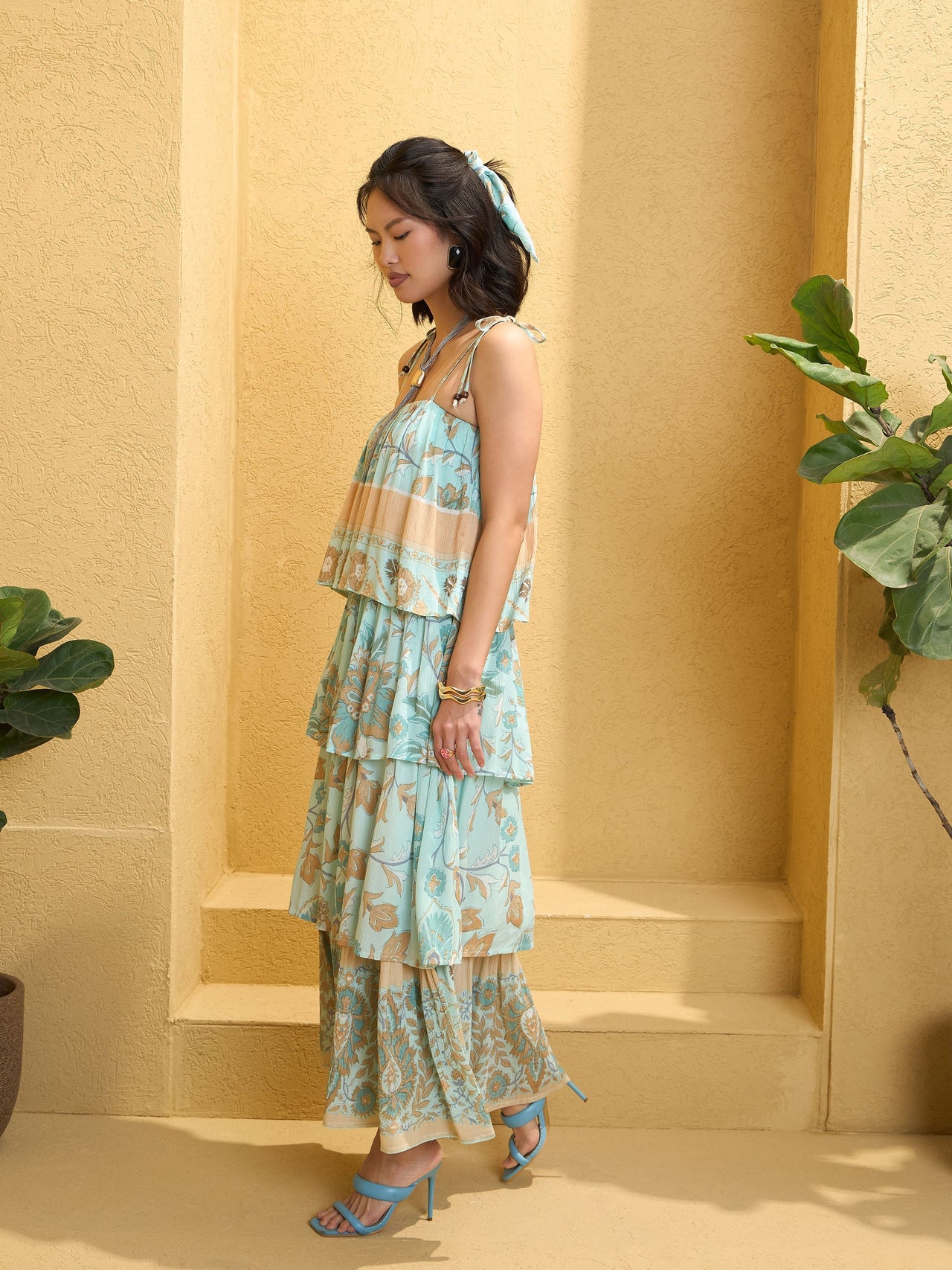 Lyush Women Turquoise Blue Frill Strappy Tie-up Tiered Maxi Dress