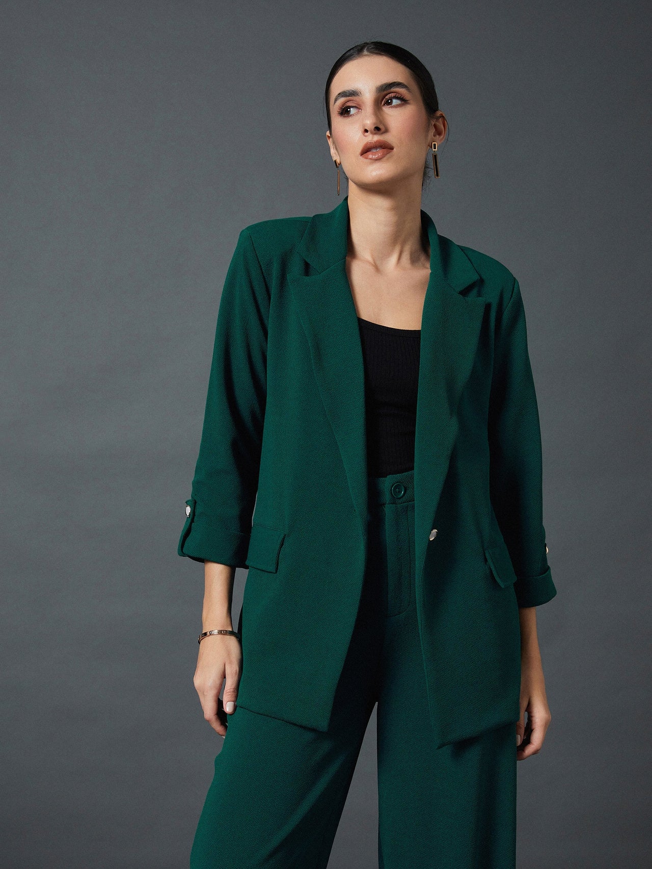 Lyush Women Emerald Green Front Button Blazer