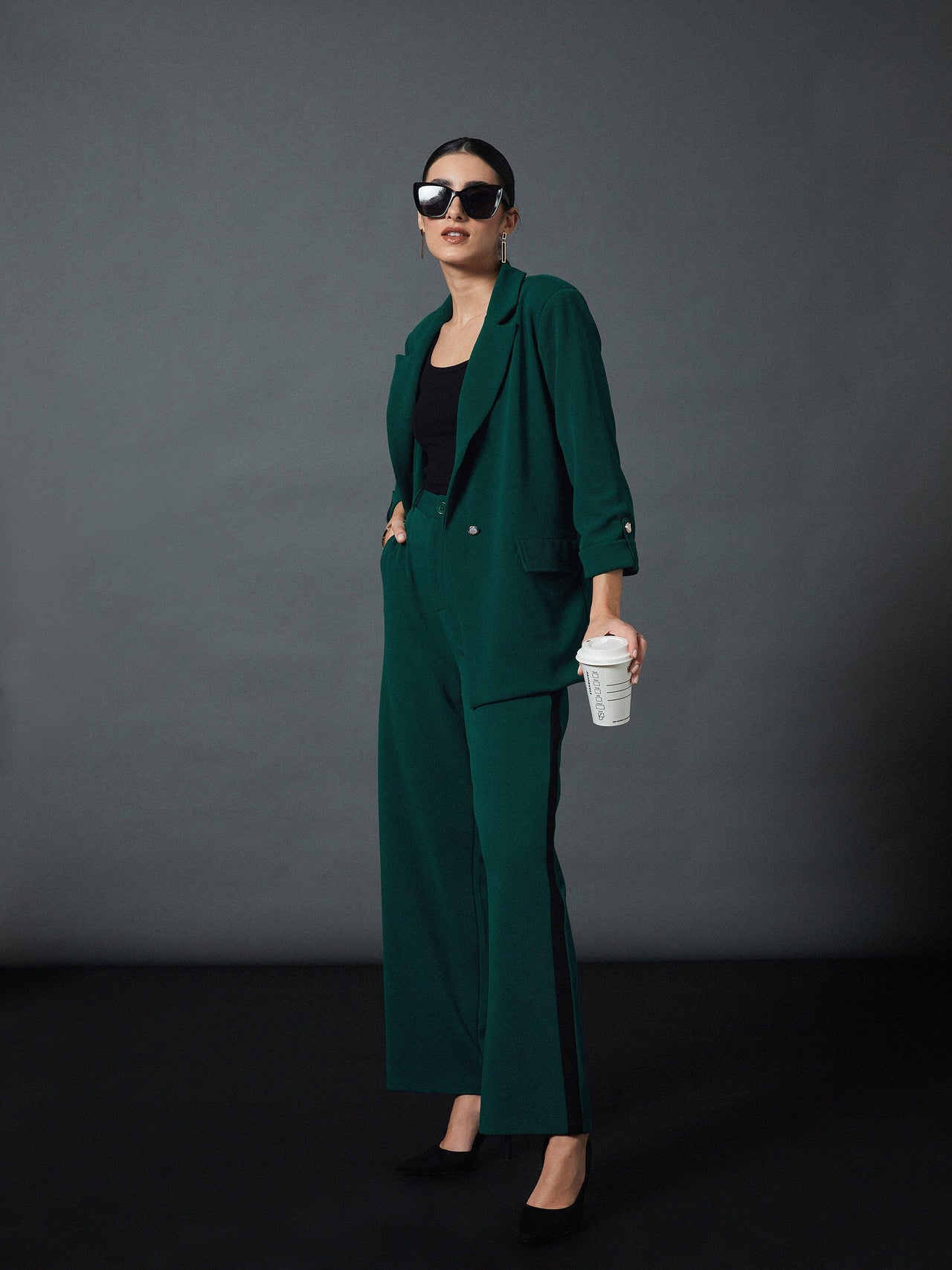 Lyush Women Emerald Green Front Button Blazer